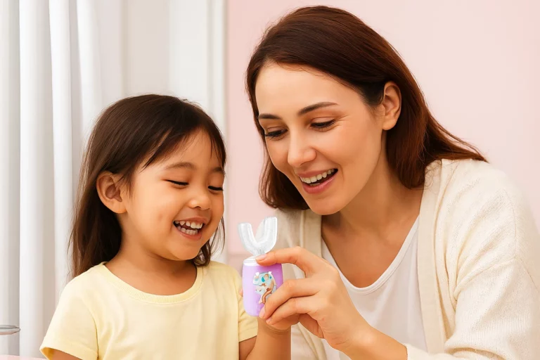 Child brushing teeth with an electric toothbrush under parent guidance