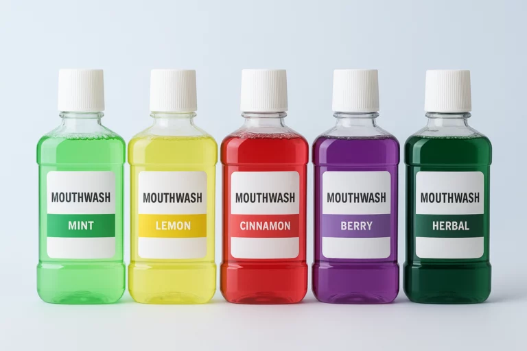 Transparent mouthwash bottles in different colors representing mint, lemon, cinnamon, berry, and herbal flavors