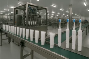 Private label oral care manufacturing line with automated toothpaste and toothbrush production.
