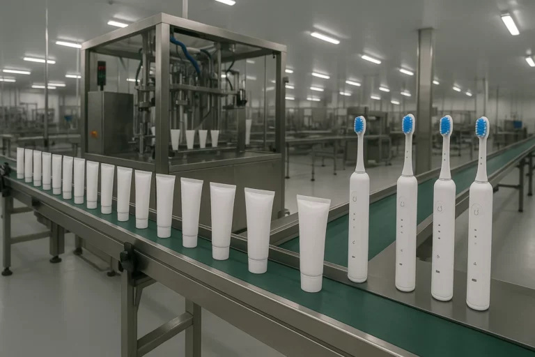 Private label oral care manufacturing line with automated toothpaste and toothbrush production.
