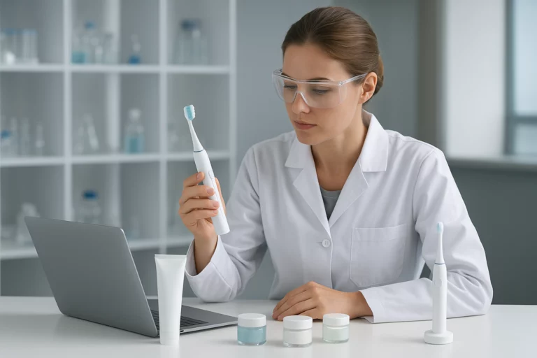 R&D team developing innovative oral care products in a modern laboratory.