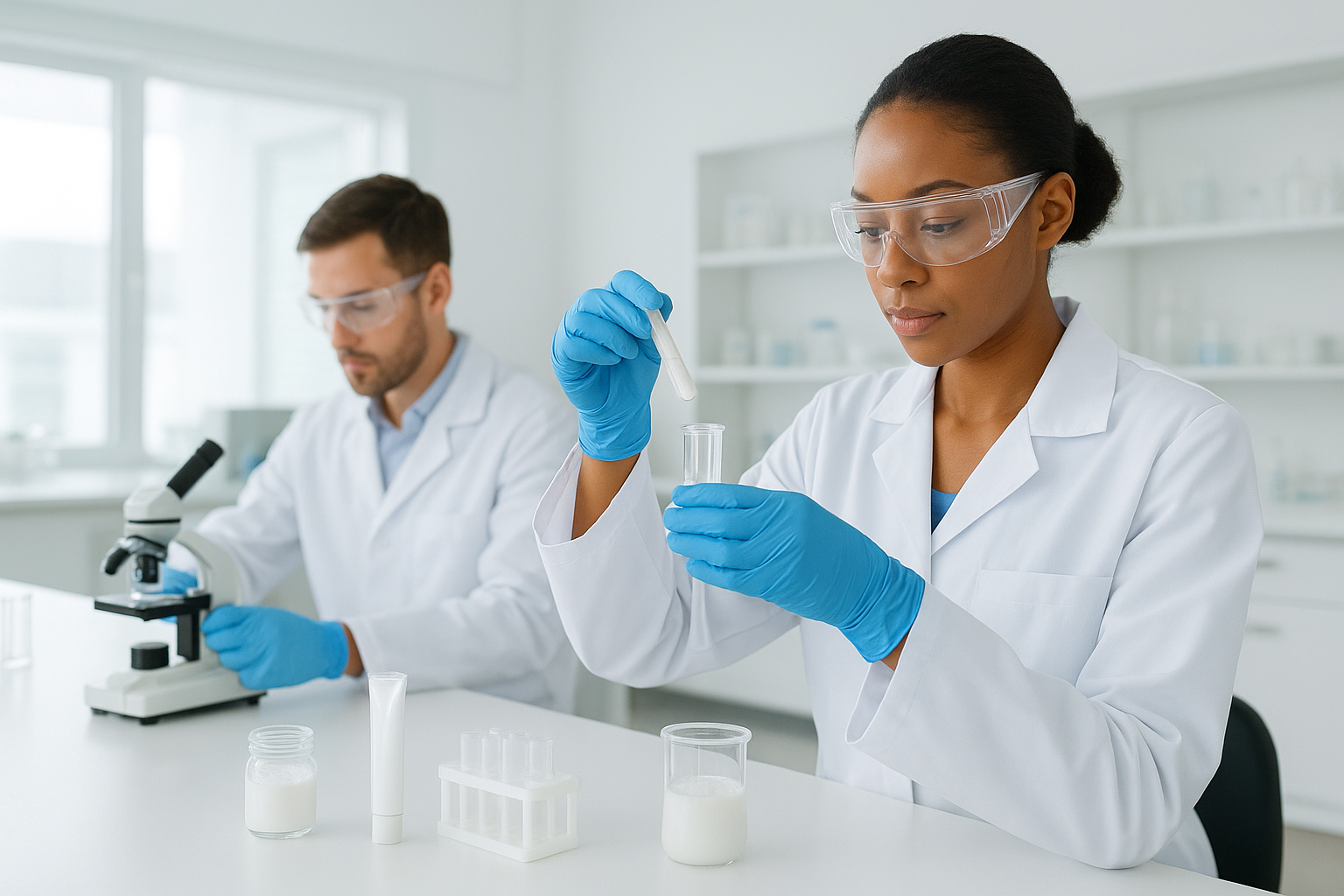 Researchers developing private label oral care formulations in a modern laboratory.