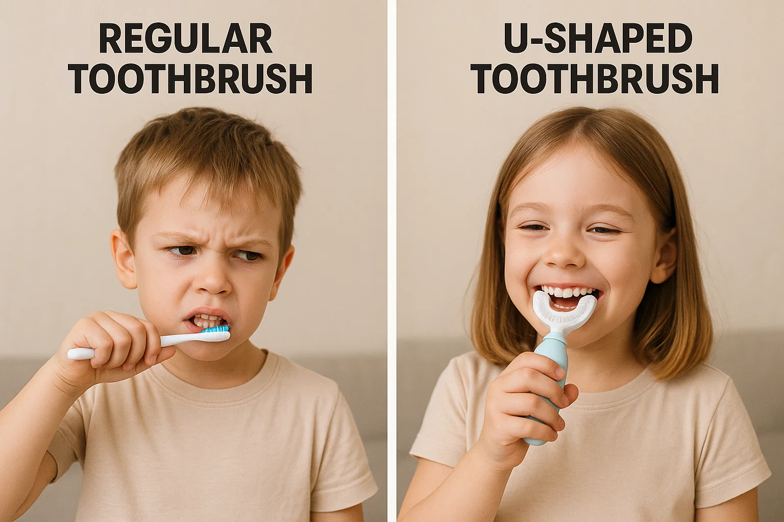 Child with regular toothbrush vs child with U-Shaped Toothbrush