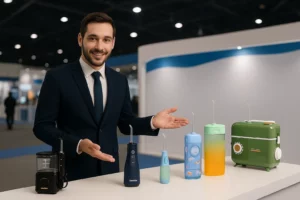 Water flosser distributor showcasing products at a trade fair