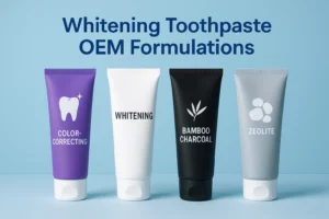 Comparison of whitening toothpaste OEM formulations including color-correcting, bamboo charcoal, and zeolite options