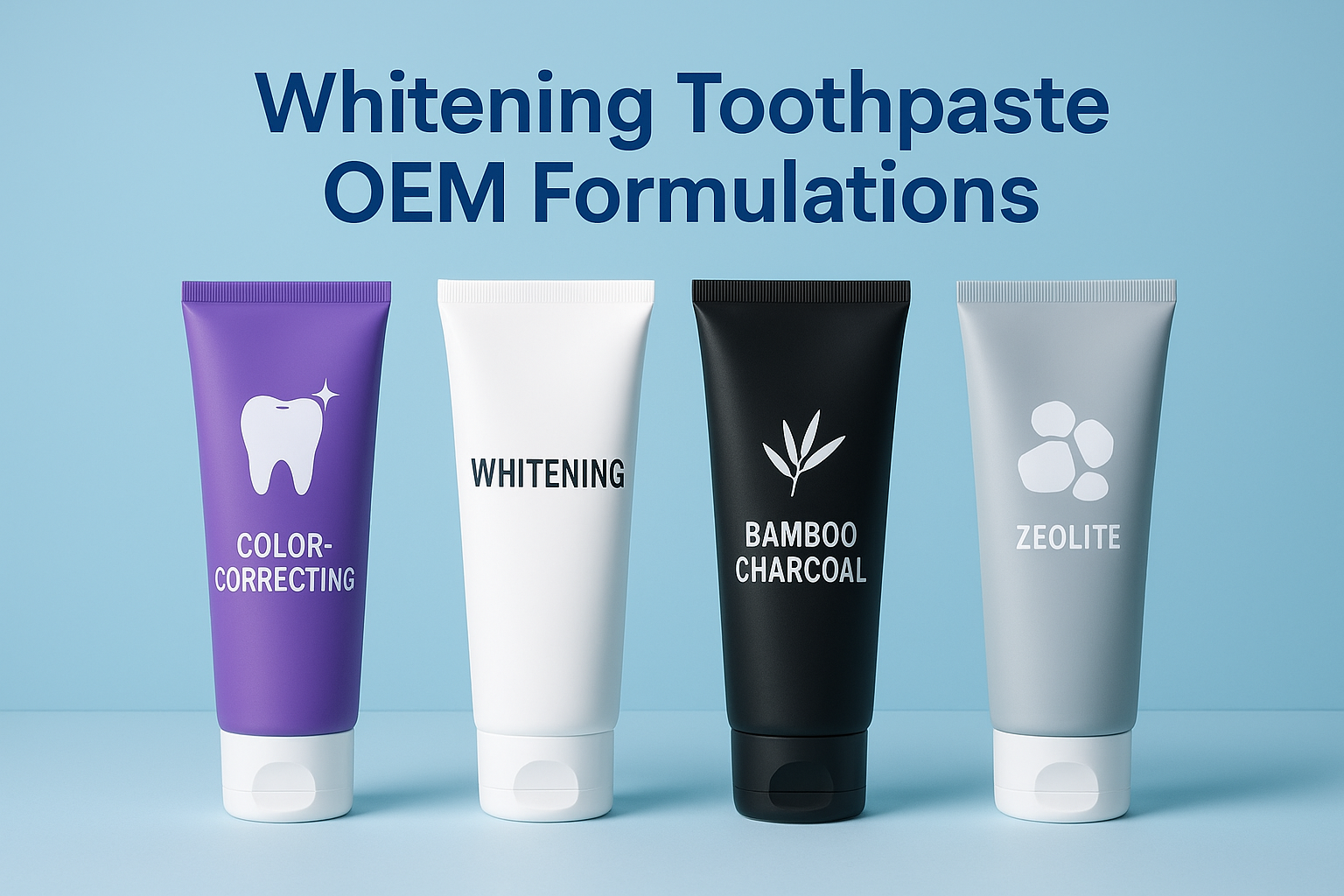 Comparison of whitening toothpaste OEM formulations including color-correcting, bamboo charcoal, and zeolite options