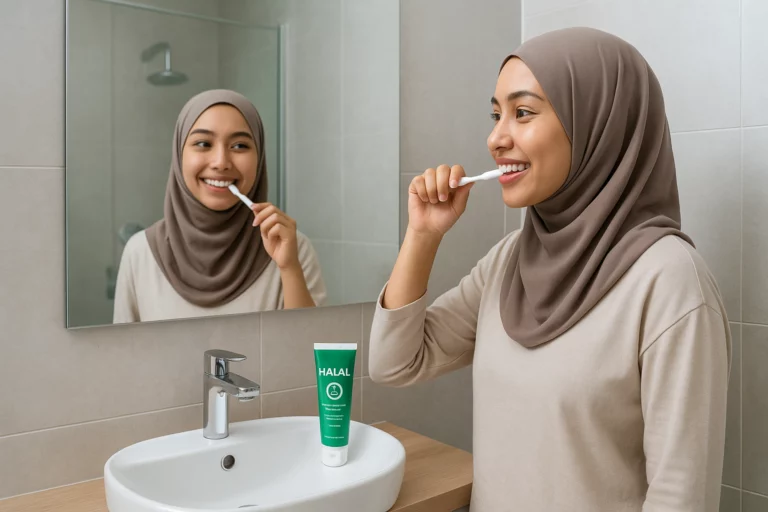 Young Muslim consumer in Southeast Asia using Halal oral care products in a modern bathroom.