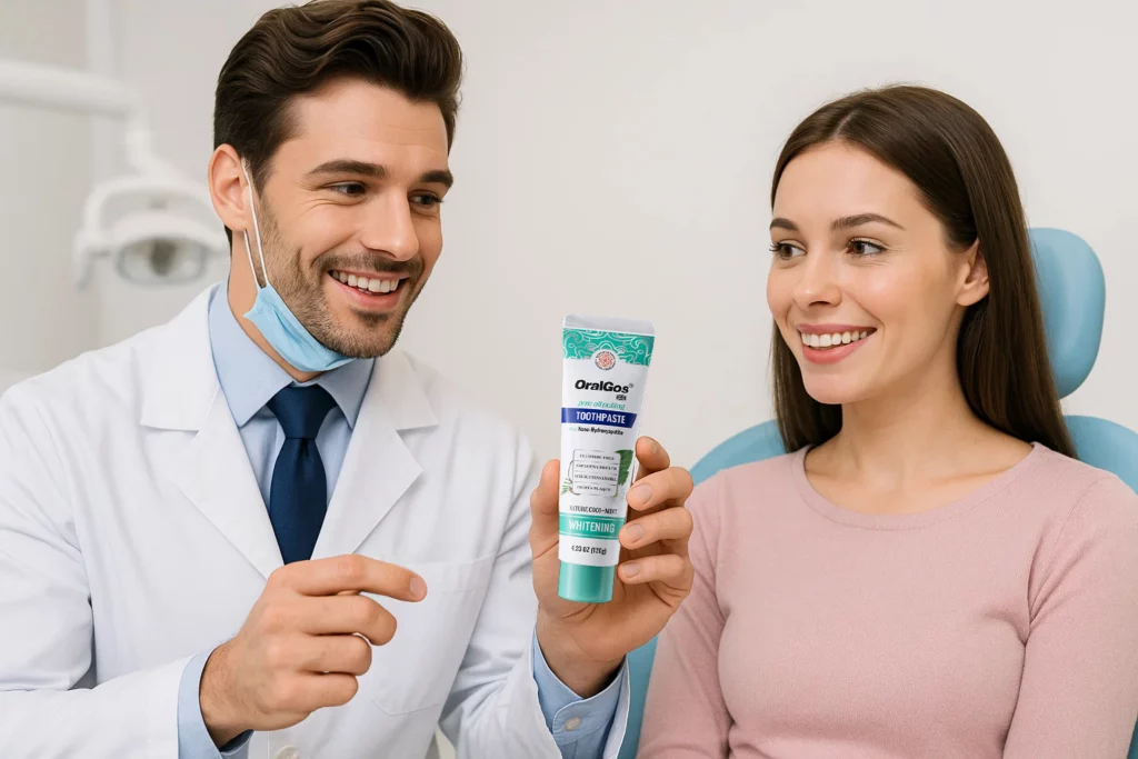 dentist discussing fluoride free toothpaste with patient