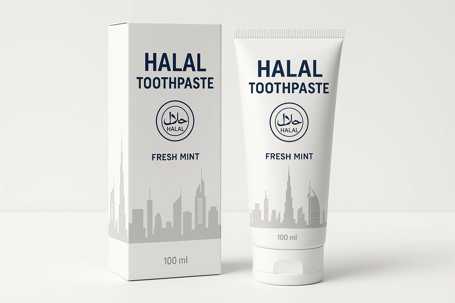 Halal toothpaste OEM packaging with Dubai skyline