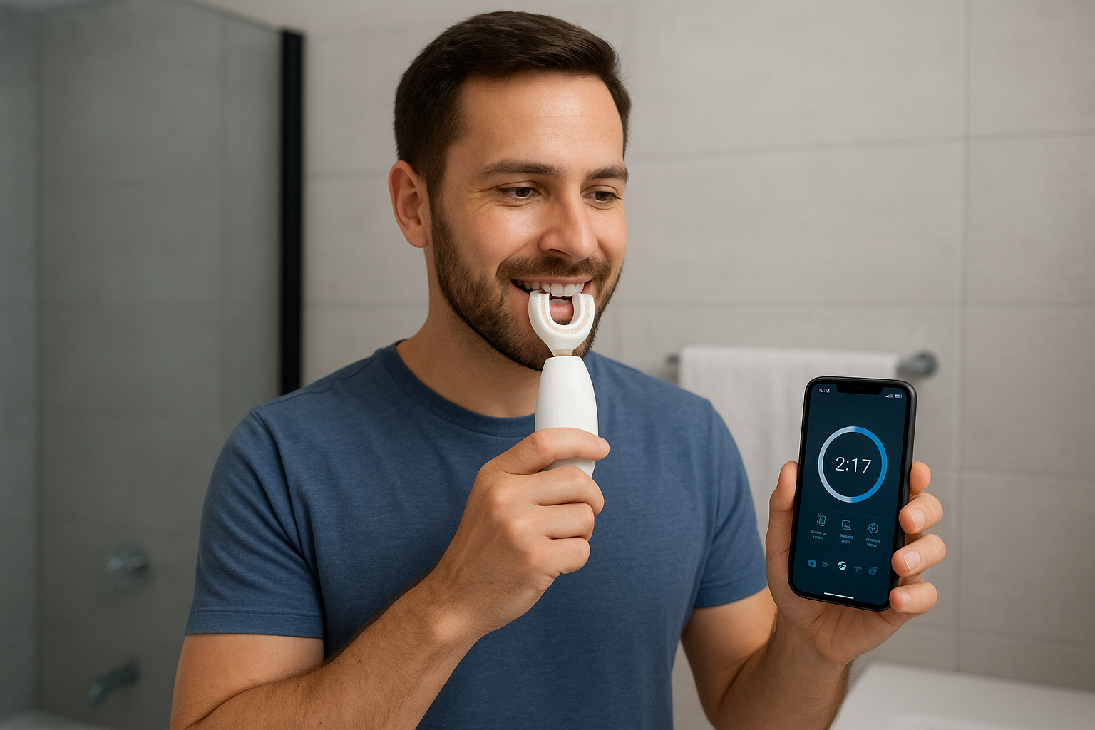 Adult using a high-tech U-shaped toothbrush with a brushing app interface.