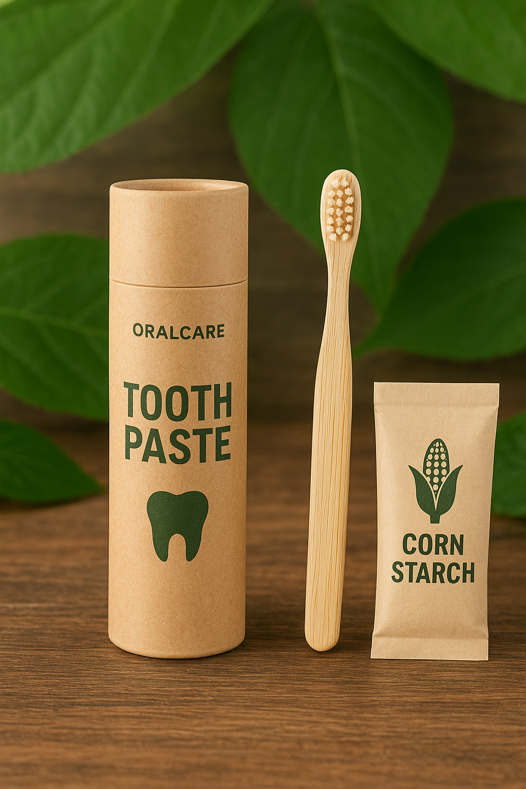 Biodegradable toothpaste tube and bamboo toothbrush with compostable packaging materials.