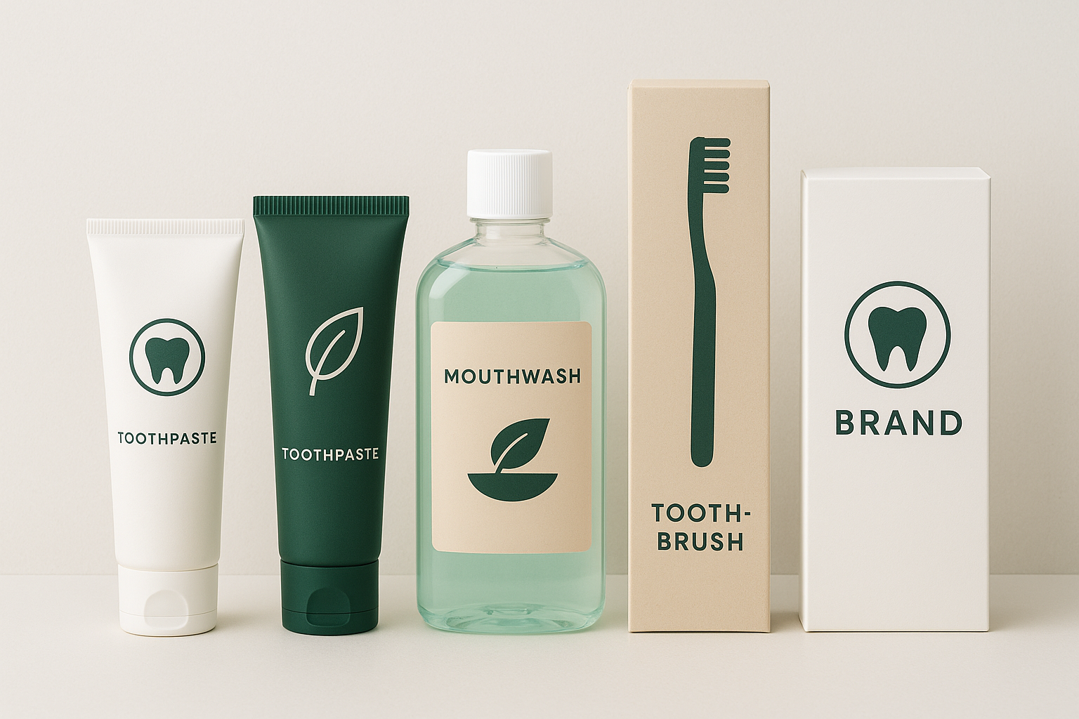 Examples of branding and packaging designs for a new oral care brand.