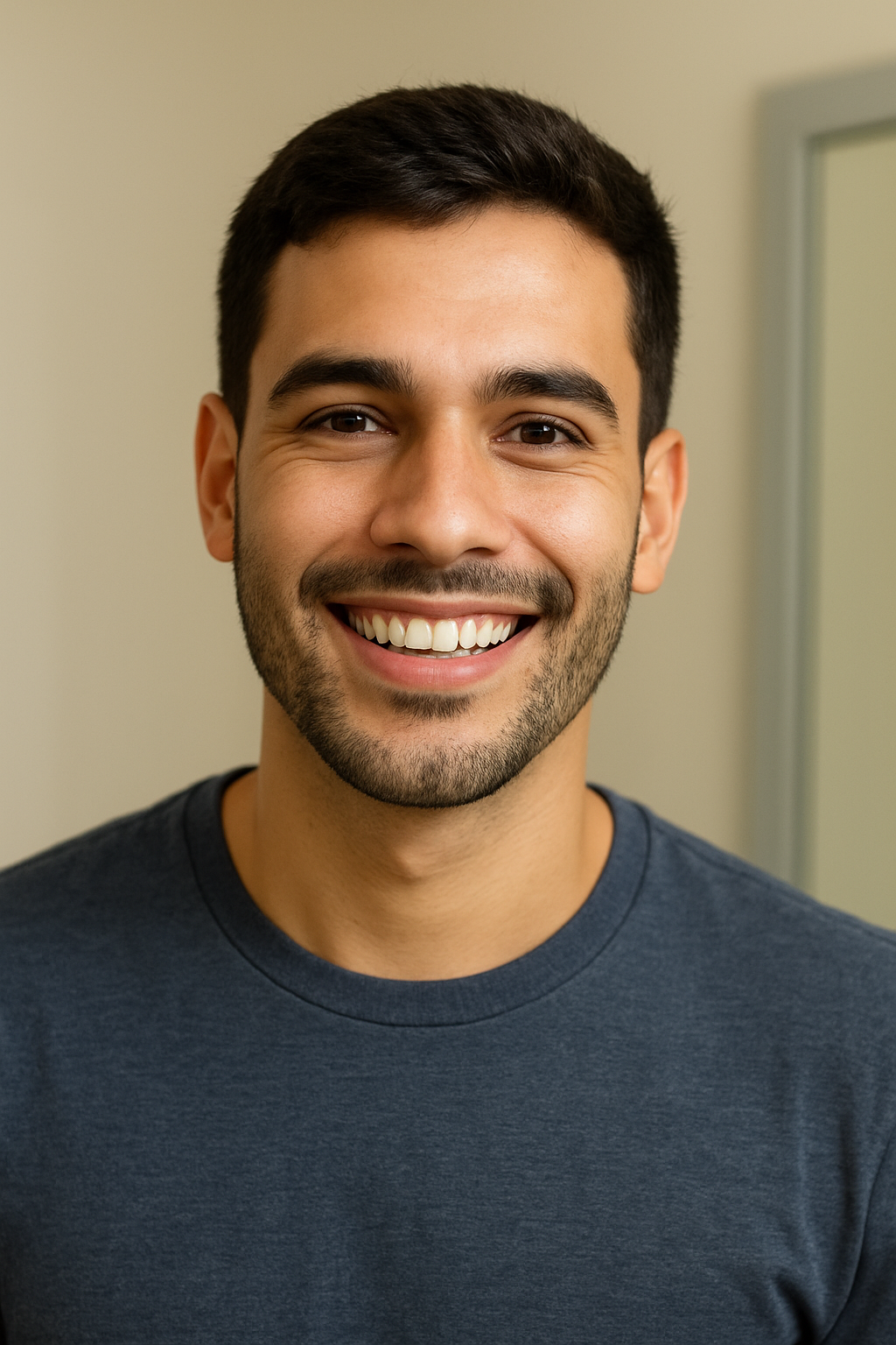 Young Brazilian consumer smiling with bright white teeth.