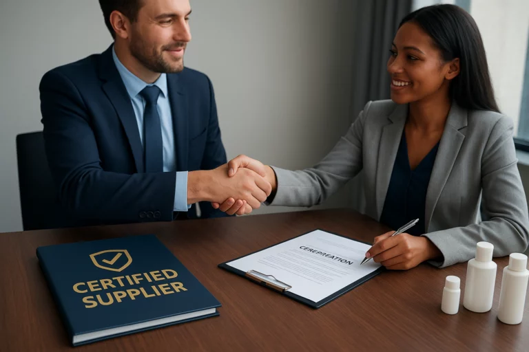 Business meeting between manufacturer and retail buyer showing certification documents.