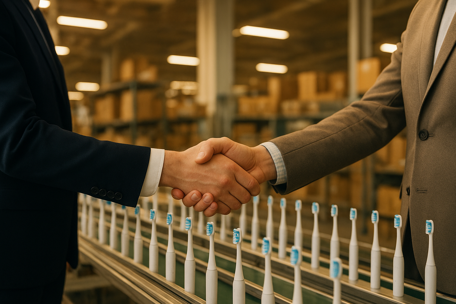 Business partnership handshake in front of electric toothbrush production line.