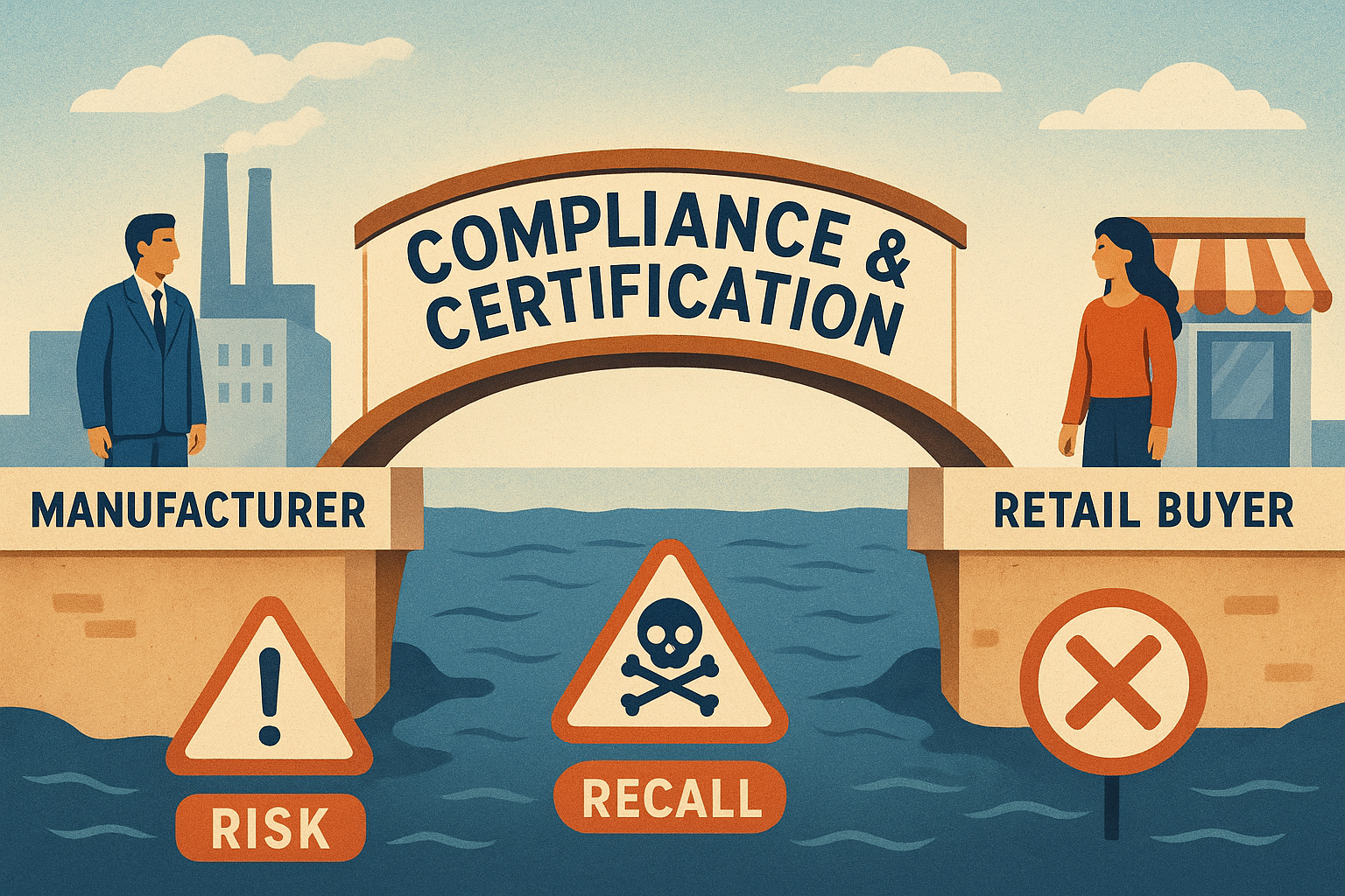 Illustration showing certification as a bridge reducing compliance risks between manufacturer and retailer.