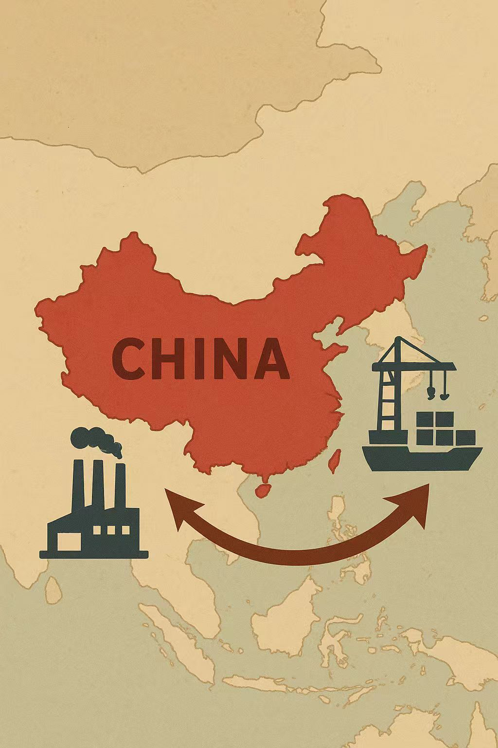 Infographic map of China with oral care factories and export arrows to Europe and USA.