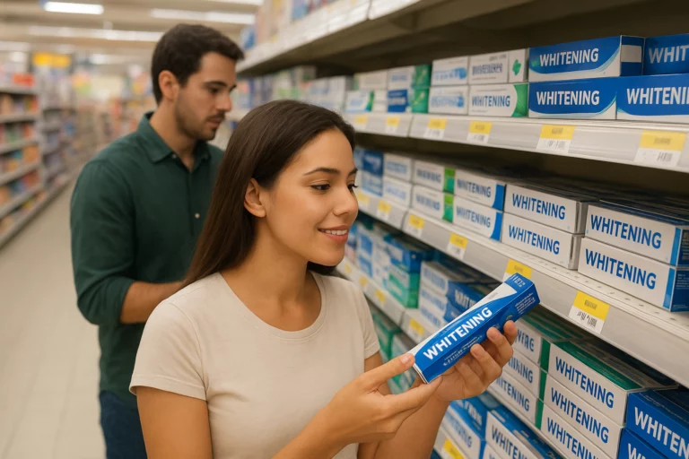 Consumidores no Brasil escolhendo creme dental clareador em supermercado.