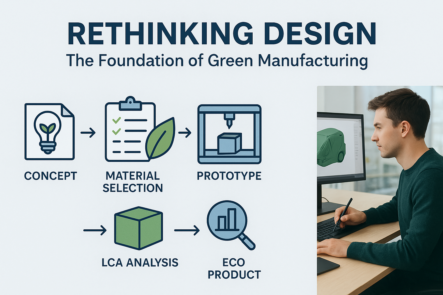 Infographic illustrating eco-design and sustainable material selection in OEM product development.
