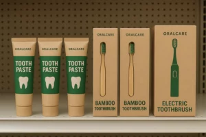 Eco-friendly oral care packaging in the US market, featuring recyclable toothpaste tubes and toothbrush boxes.