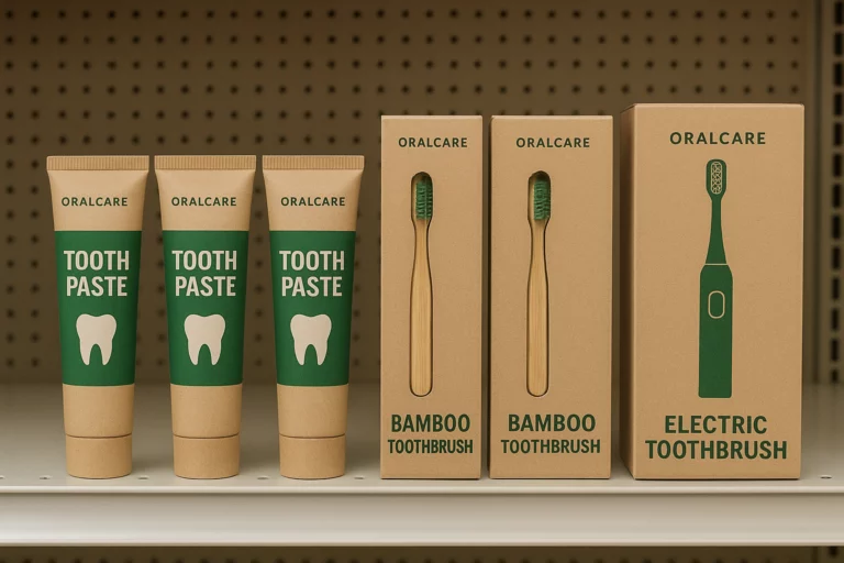 Eco-friendly oral care packaging in the US market, featuring recyclable toothpaste tubes and toothbrush boxes.