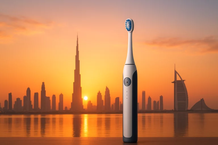 Electric toothbrush with Dubai skyline at sunset, symbolizing Middle East market growth