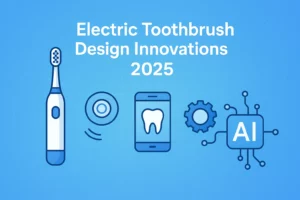 Futuristic infographic showing 2025 electric toothbrush design innovations with smart brush and AI technology elements.