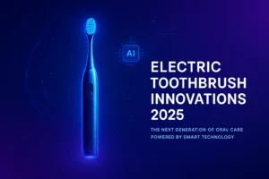 Futuristic electric toothbrush glowing in blue light, symbolizing 2025 innovation trends.