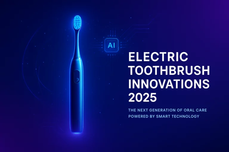 Futuristic electric toothbrush glowing in blue light, symbolizing 2025 innovation trends.