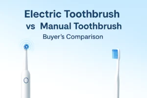 Hero image comparing electric vs manual toothbrush in a clean, professional layout