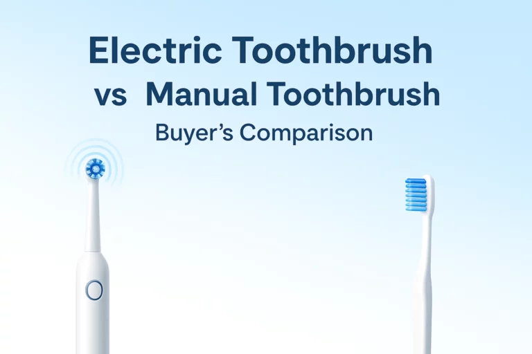 Hero image comparing electric vs manual toothbrush in a clean, professional layout