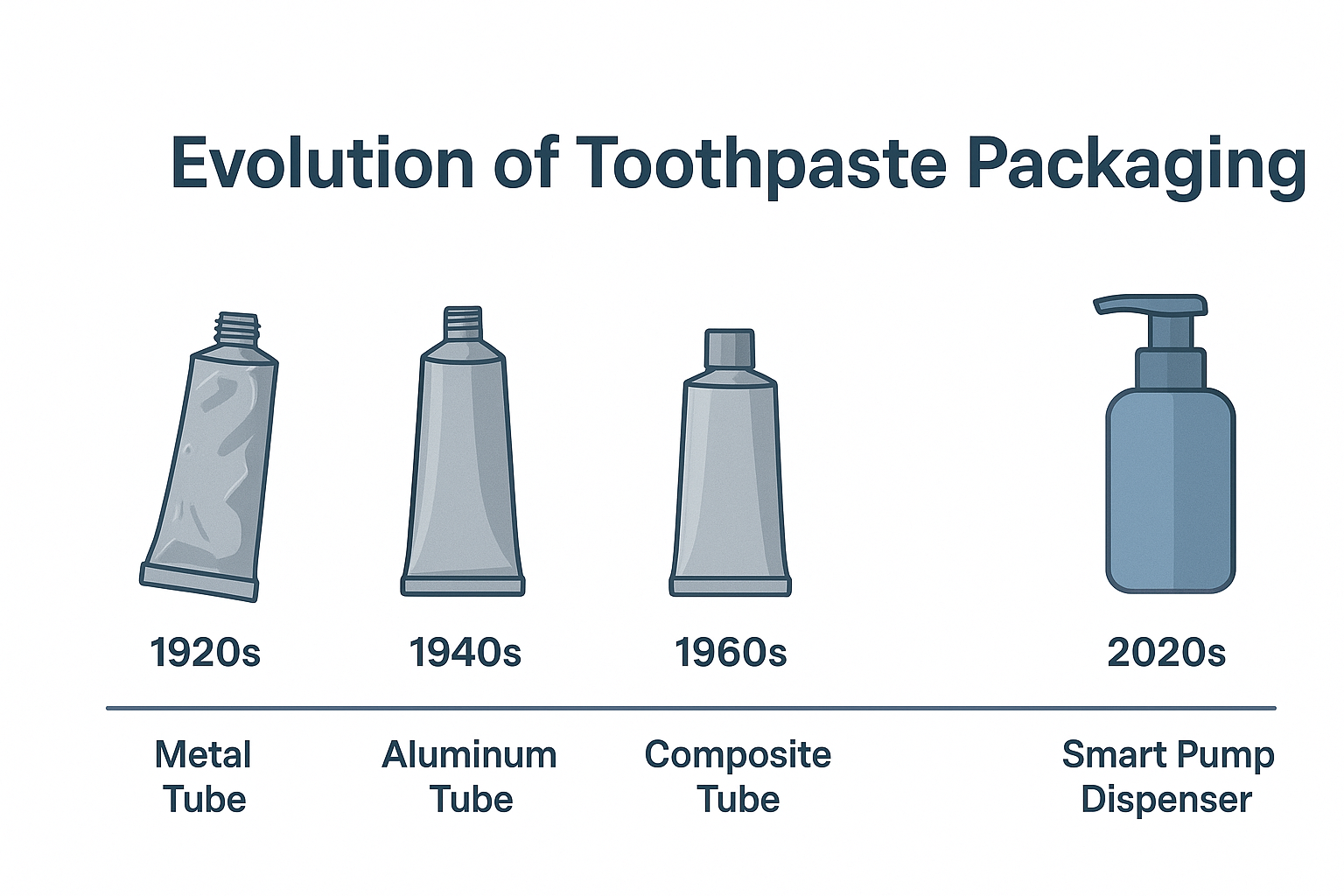 Timeline infographic showing the evolution of toothpaste packaging from metal tubes to modern smart dispensers.