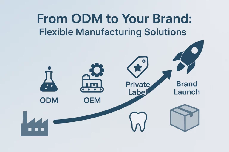 Infographic showing the flexible manufacturing process from ODM to private label brand launch.