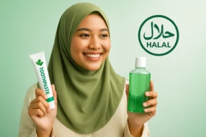 Muslim woman using halal-certified toothpaste, representing halal oral care for Muslim consumers in Indonesia and Malaysia