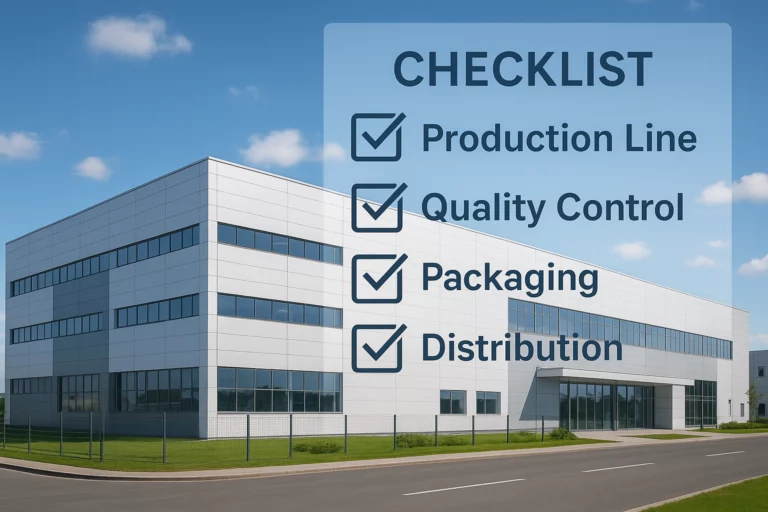Modern oral care factory exterior with checklist overlay, symbolizing manufacturer evaluation