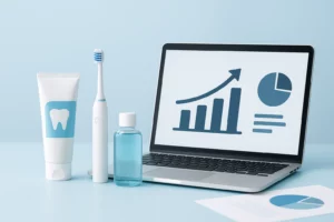 Illustration of starting an oral care brand with toothpaste, toothbrush, and business planning materials.