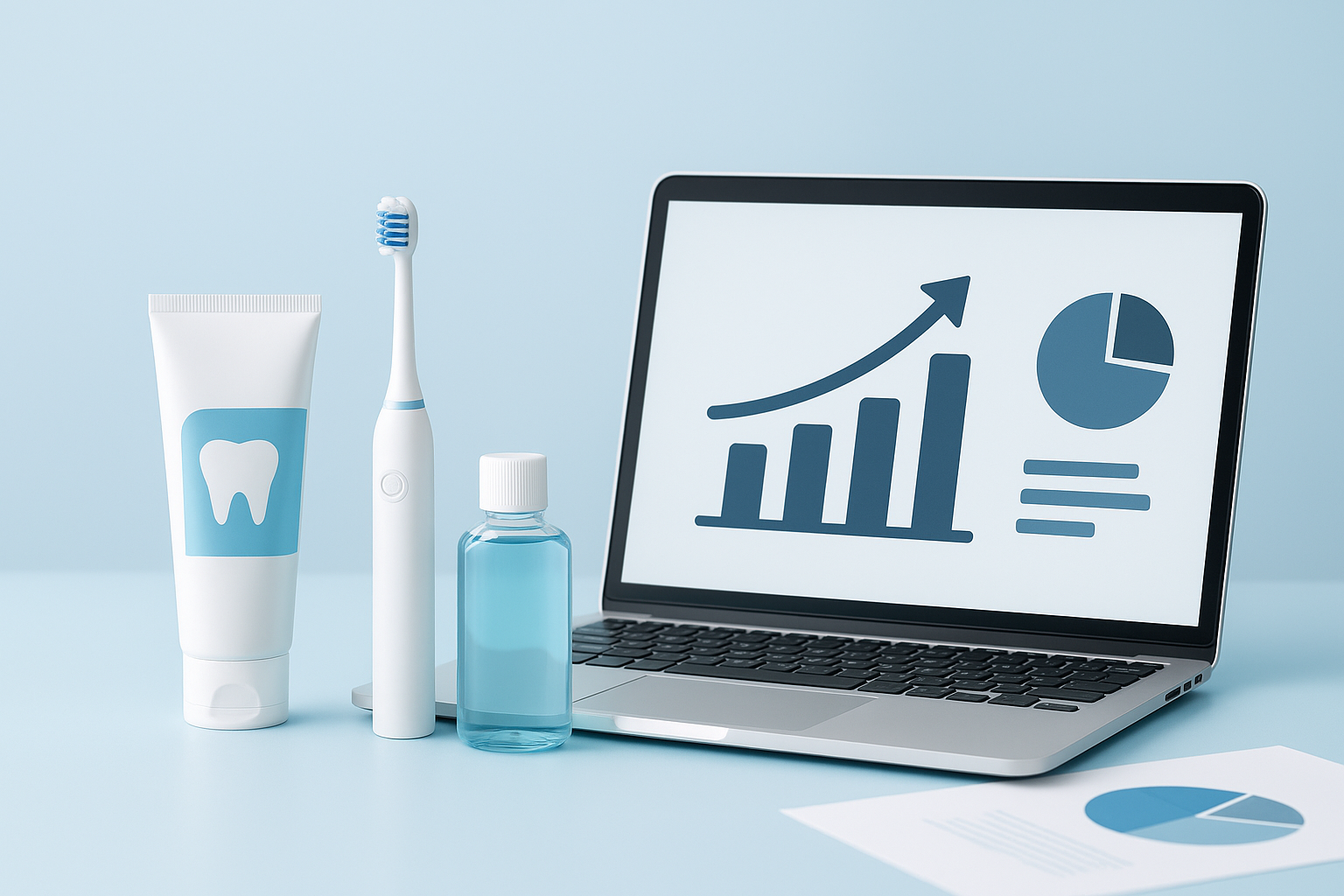 Illustration of starting an oral care brand with toothpaste, toothbrush, and business planning materials.