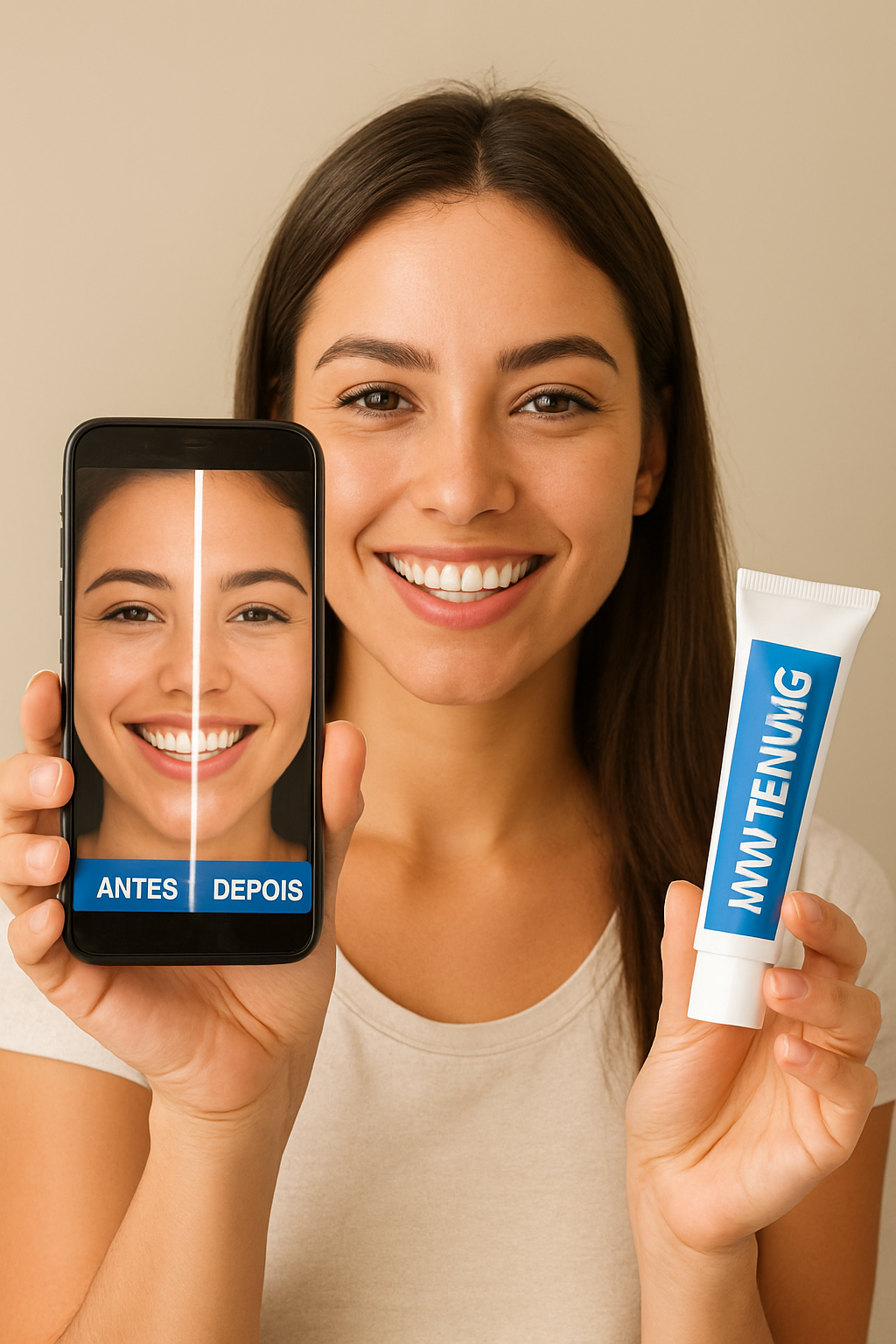 Influenciadora brasileira mostrando sorriso branco após uso de creme dental clareador.