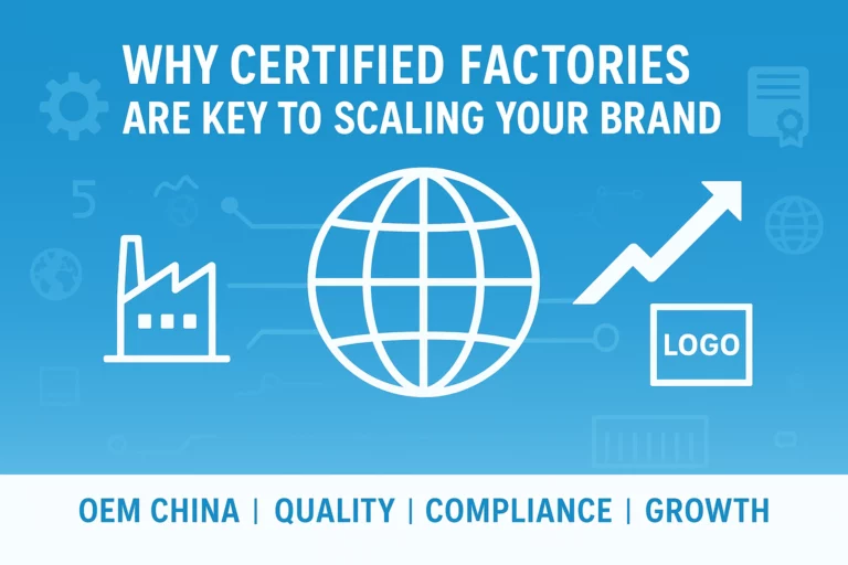 Infographic showing global brand scaling supported by certified factories in OEM China.