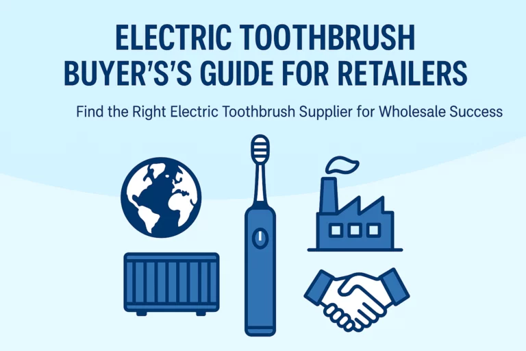 Infographic showing global electric toothbrush supplier network and wholesale partnership theme.