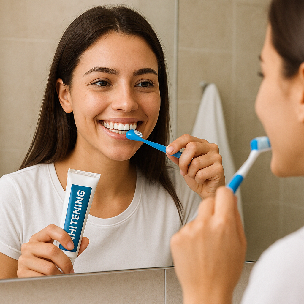 Jovem no Brasil escovando os dentes com creme dental clareador.