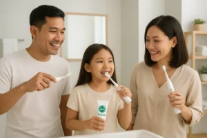 Keluarga Indonesia menggunakan pasta gigi halal dan sikat gigi elektrik di rumah.