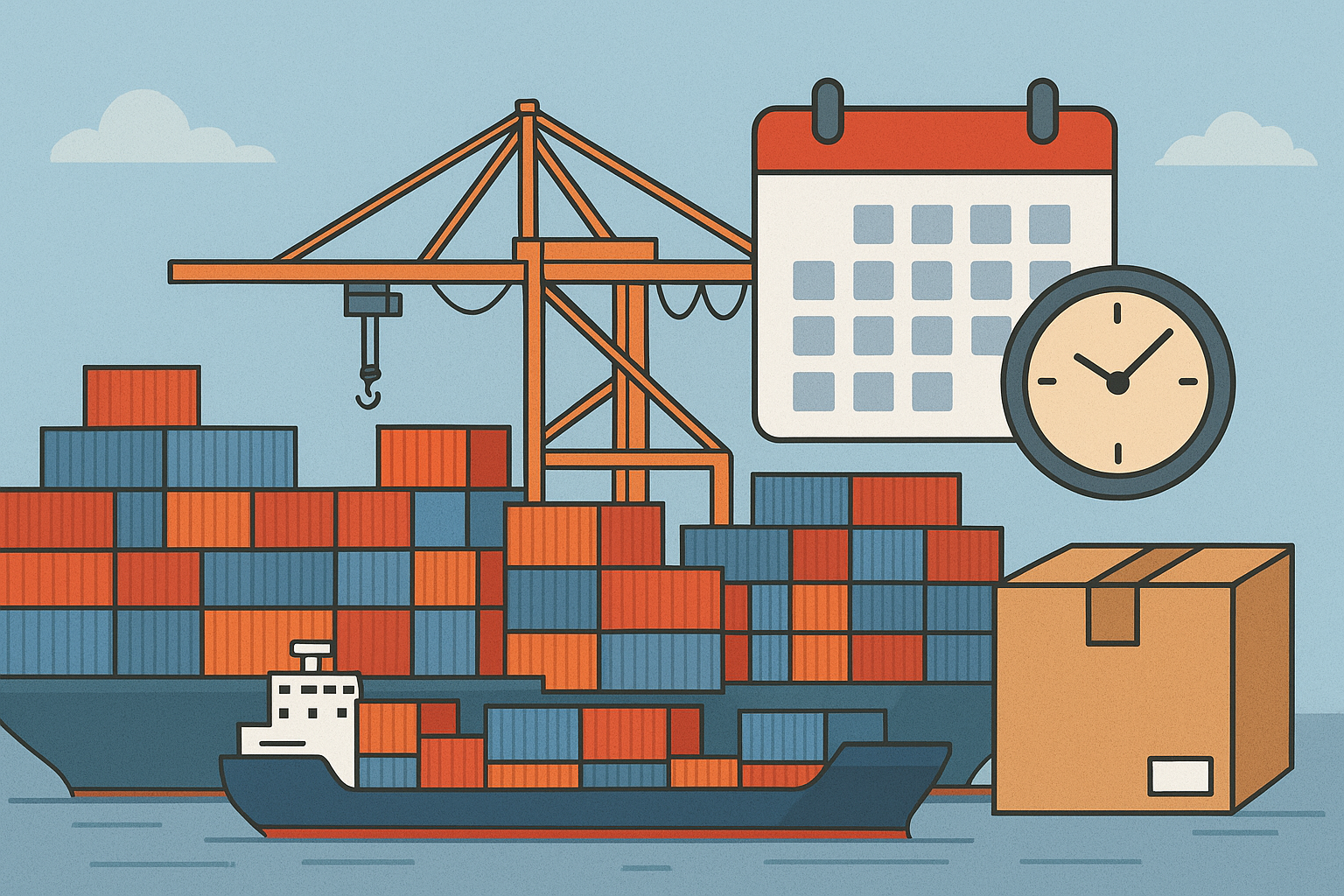 Shipping containers at port with clock and calendar symbols