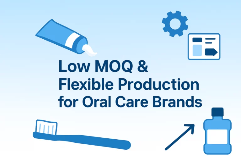 Infographic showing low MOQ and flexible production solutions for oral care brands