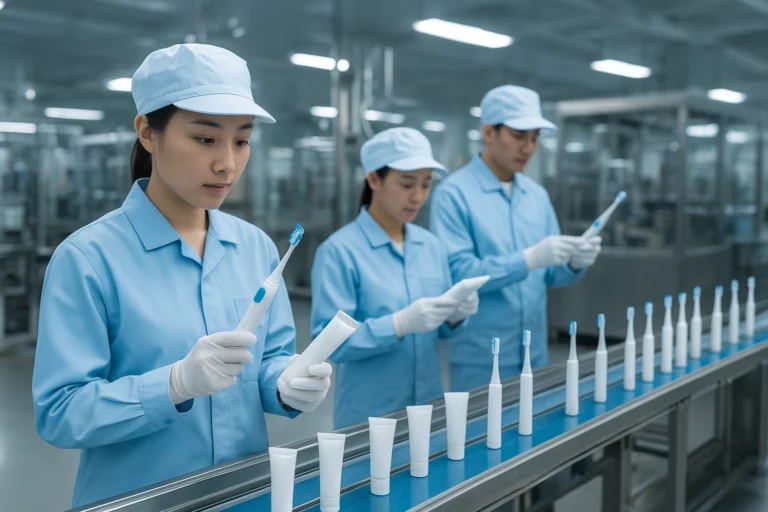 Modern Chinese oral care factory with workers inspecting toothbrushes and toothpaste on production line.