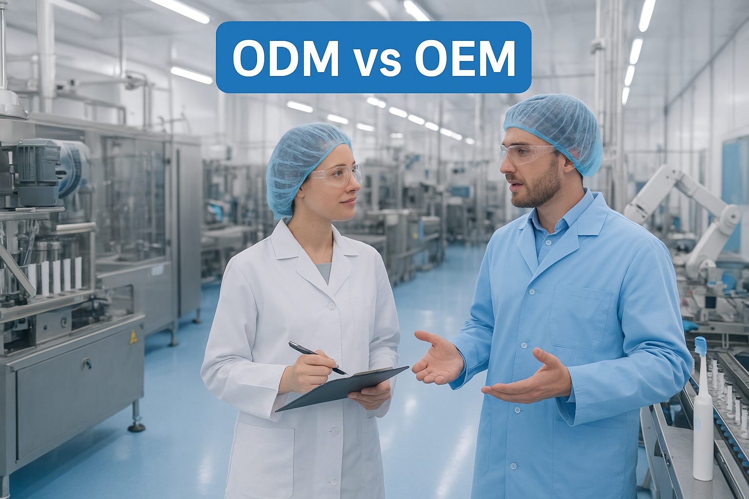 Modern oral care factory engineers discussing ODM vs OEM product development