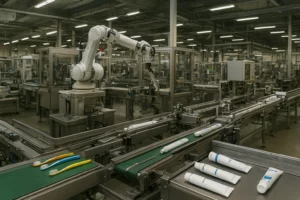 Modern oral care factory showing flexible capacity from small to mass production.