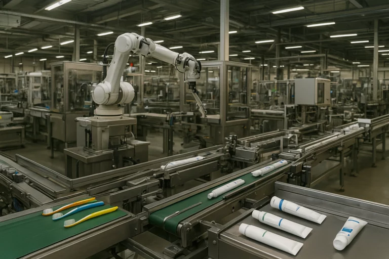 Modern oral care factory showing flexible capacity from small to mass production.