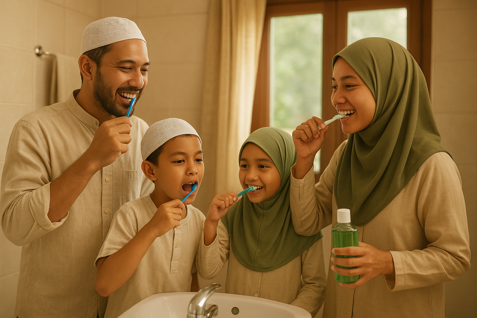 Muslim family brushing teeth together, reflecting halal oral care habits