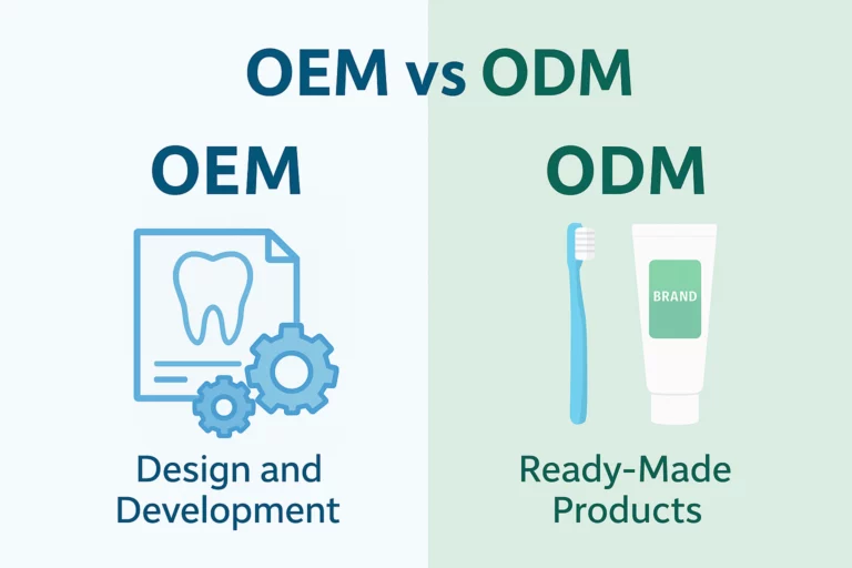 Infographic comparing OEM and ODM in oral care manufacturing with design blueprints and ready-made products.